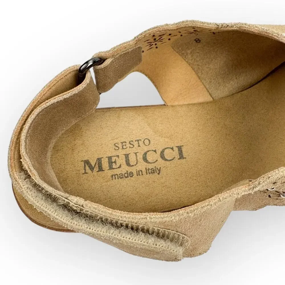 Sesto Meucci Sandals 8.5 Tan Suede Laser Cut‎ Floral Studded Wedge Boho Italian